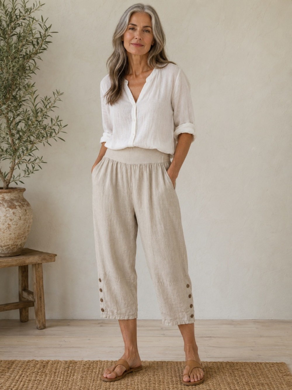 Made in Italy 100% Linen capris M beige coastal beach lagenlook minimalist boho
